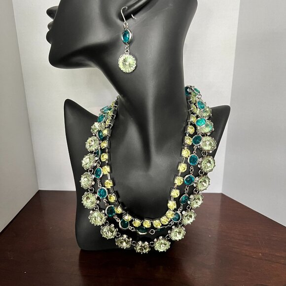 Green‎ & Blue Crystal Multi-Strand Statement Necklace & Earring Set (STRIKING!) - Picture 1 of 11